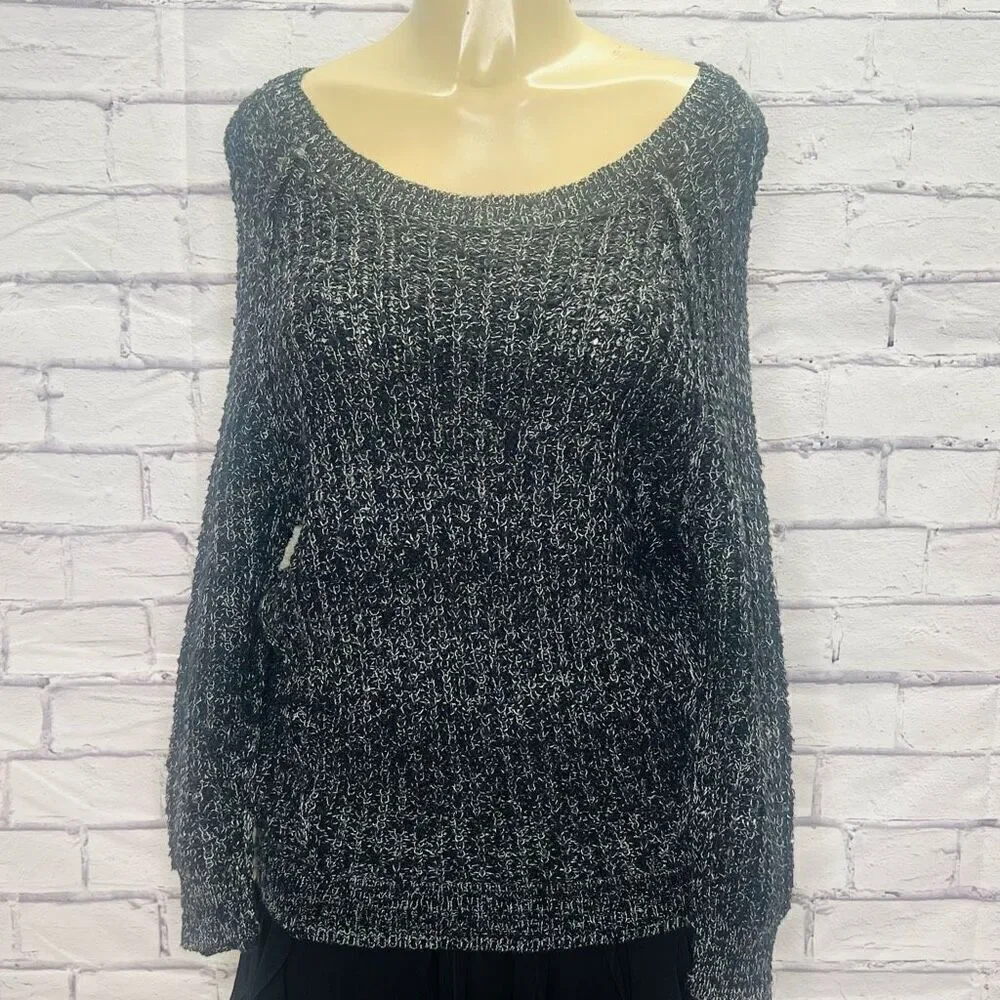Free People Womens Black White Ribbed Knit Raglan Long Sleeve Sweater Small
